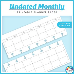 May include: Two undated monthly planner pages with a light blue background. The pages are white with gray grid lines and labeled days of the week. The text "Undated Monthly" and "Printable Planner Pages" are in the image. The pages are 2.64 x 7 inches.