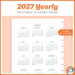 Puede incluir: Una página de planificador anual imprimible para 2027 con un diseño de calendario de enero a diciembre. La página blanca tiene texto negro, 11 orificios de encuadernación de disco en el lado derecho y mide 8.5 x 11 pulgadas.