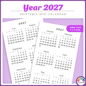 May include: A printable mini calendar for the year 2027, featuring two white index cards measuring 3 x 5 inches. The cards display black text and numerical grids for the months of January through November, organized by days of the week.