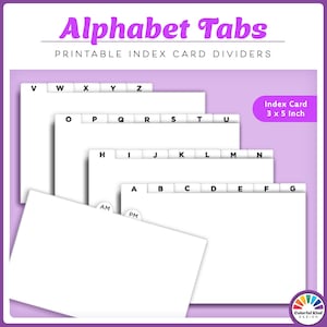 Könnte beinhalten: Weiße Karteikarten-Trenner mit Alphabet-Reitern, beschriftet mit A-Z, zum Ordnen von Notizen. Der Text "Alphabet Tabs" und "Printable Index Card Dividers" ist in Lila dargestellt. Die Karteikarten sind 7,6 x 12,7 cm groß.