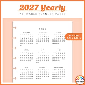 May include: A 2027 yearly printable planner page featuring a calendar for January through September. The white page has eight disc-binding slots on the left side and text stating A5 8-Disc 5.83 x 8.27 inches on an orange rectangular tab.