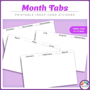 Op de afbeelding: Witte indexkaartverdelers met maandlabels, waaronder januari, februari en maart. De kaarten zijn 7,6 x 12,7 cm groot en voorzien van de tekst "Month Tabs" en "Printable Index Card Dividers."