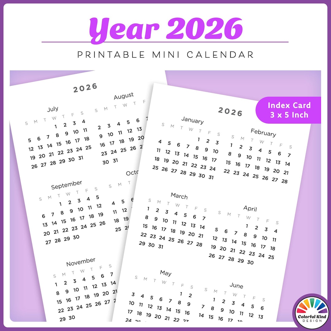2026 Jahreskalender 2026 zum Ausdrucken - 3x5 Karteikarte (Digitaler
