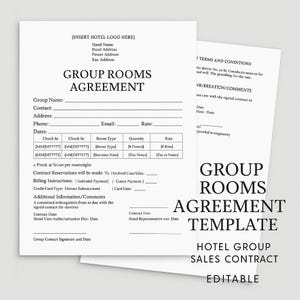 Puede incluir: Una plantilla de contrato de ventas de grupo hotelero imprimible en blanco y negro. El documento incluye secciones para el nombre del grupo, la información de contacto, las fechas, el tipo de habitación, la cantidad, la tarifa, las instrucciones de facturación y la información adicional. El texto "GROUP ROOMS AGREEMENT TEMPLATE" está en la parte superior de la página.