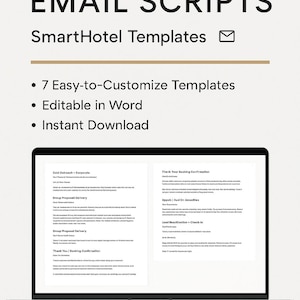 Pode incluir: Um ecrã de computador portátil que mostra um documento com o título "Hotel Sales Email Scripts" e uma lista de modelos de e-mail para vendas de hotéis. O documento inclui títulos como "Cold Outreach - Corporate", "Group Proposal Delivery", "Upsell/Add On Amenities" e "Lead Rectification - Check-in".
