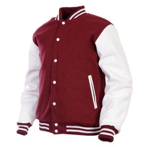 Mens Maroon & White Varsity Jacket - High School College Letterman Baseball Bomber Jackets Wool + Real Leather