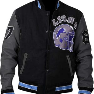 Chaqueta universitaria tipo carta de los Detroit Lions, cuerpo de lana y mangas de cuero, de Beverly Hills Cop Eddie Murphy Axel Foley