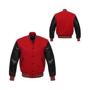 Mens Red & Black Varsity Jacket - High School College Letterman Baseball Bomber Jackets Wool + Real Leather