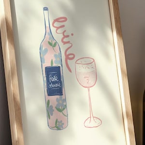 Rosé Wine Illustration Print – A4 Summer Wall Art, Rosé Lover Gift, Light Pink Kitchen or Bar Cart Decor, Unframed Wine Art Print