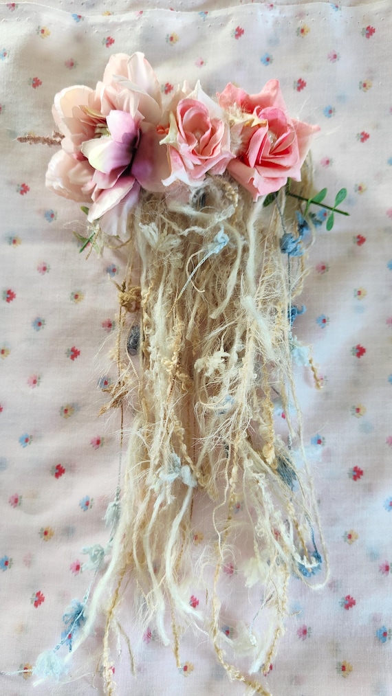 Boho hair clip with wool and fabric flowers