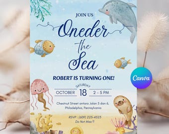 Under The Sea Ocean Animals Birthday Invite, Editable Canva Template, Sea Theme Birthday, Digital Invite