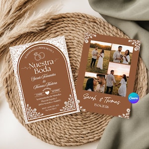 May include: Two rectangular wedding invitation cards with a terracotta brown background and white floral border details. One card features an arched frame with text including Nuestra Boda, Sarah Fernandes and Thomas Thedora. The other displays four photos of a couple in a field with the text Sarah & Thomas and 15.04.2026.