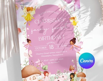 Fairy First Birthday Invitation Girl, Fairy 1st Birthday Invite, Girl 1st Birthday Invitation, Canva Template