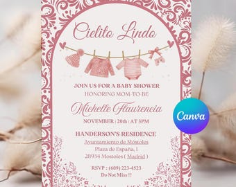 May include: A baby shower invitation with a pink and white design. The text "Cielito Lindo" is at the top, with baby clothes illustrations hanging on a clothesline. The invitation includes details for the event, such as the date, time, and location.