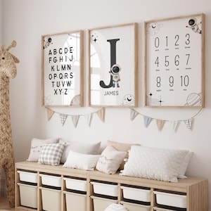 Personalised Space Initial Print, Astronaut & Planet Wall Art Set of 3, Outer Space Nursery Prints for Boys Room Decor