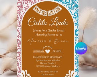Cielito Lindo Gender Reveal Einladung, Papel Picado Gender Reveal, Canva Template