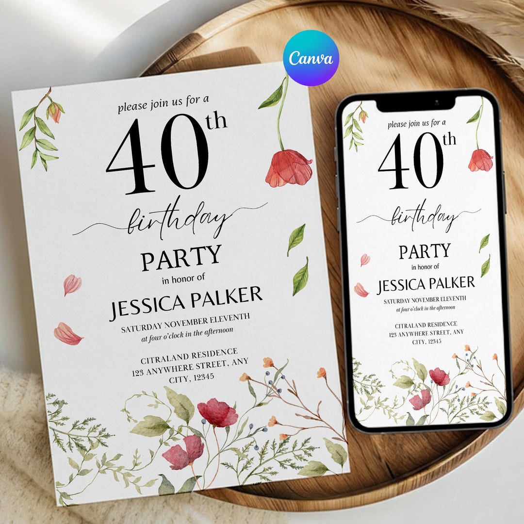 Elegant 40th Birthday Invitation Template, Modern Canva Design (digital ...