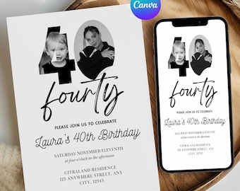 40th Birthday Invitation Template 40 th Digital Invite with Photo, Modern Forty Birthday Party Invitation, CANVA