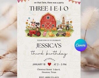 May include: A farm-themed birthday invitation with the text "THREE-I-E-I-O" and "JESSICA'S third birthday." The design includes a red barn, tractor, and various farm animals. The invitation also includes the date, time, and location of the party.