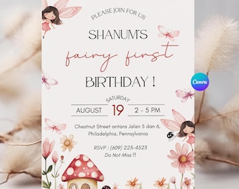 Fairy First Birthday Invitation Girl, Fairy 1st Birthday Invite, Garden Fairy Birthday, Canva