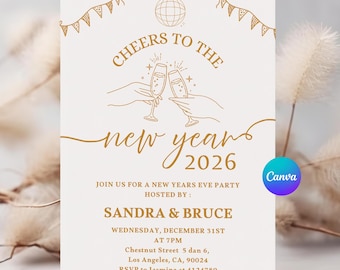 Gold New Year's Eve Invitation Template, Cheers Party Invite (Canva Template)