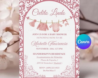 May include: A baby shower invitation with a pink and white floral design. The invitation features the words "Cielito Lindo" and "Join us for a baby shower honoring mom-to-be Michelle Flaurencia." The date and time are also included.