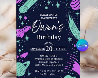 May include: A navy blue birthday invitation with a space theme. The invitation includes the text "Owen's Birthday" and event details. The design features illustrations of planets, stars, and a rocket ship in shades of purple and teal.