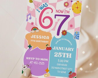 6th 7th Birthday Invitation Girl, Editable Canva Template, Pink Cute Birthday Party Invite, CANVA