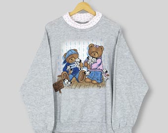 Vintage Teddy Bear Adopt A Puppy Gray Sweatshirt Large Cute Bear Puppies Graphic Printed Pullover Aesthetic Preppy Bear Lover Sweater Size L