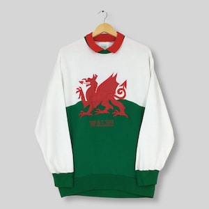 Vintage 90-tals rugby Wales flagga retro tröja medium walesisk rugby union WRU krage tröja Wales nationella rugby union lag pullover storlek M