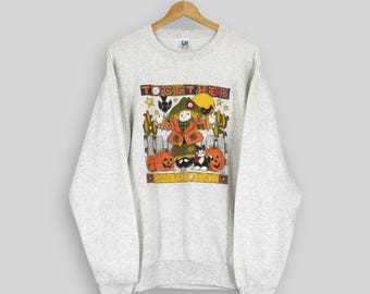 Sudadera gris vintage de los 90 con diseño de calabaza para Halloween, talla XL. Suéter con diseño de calabaza y espantapájaros para Halloween, jersey de cuello redondo para fiestas de Halloween, talla XL.