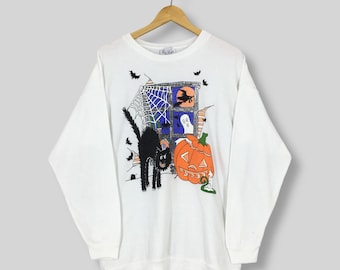 Vintage jaren 90 pompoen Halloween-sweater medium zwarte kat pompoen trui Halloween pompoen trui Halloween vakantie ronde hals maat M