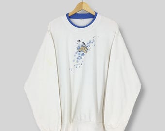 Vintage Y2K Kanin Fåglar Snötröja XLarge Estetisk Preppy Kanin Fåglar Broderad Rund Hals Kanin Snötröja Storlek XL