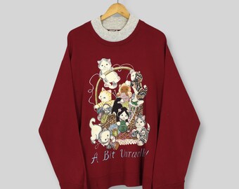 Vintage 90s Cute Kitten Lover Red Sweatshirt XLarge Cute Kitten Cat Yarn Ball Graphics Crewneck Cat Lover Jumper Kitten Sweater Size XL