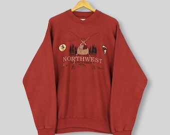 Vintage 90s American Anglers Fish Sweatshirt Medium Northwest Sportsman Fishing Printed Crewneck Largemouth Bass Fish Graphic Sweater Size M