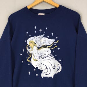 Vintage 90s Angel Harp Blue Sweatshirt XLarge Angel Harp Printed Graphics Crewneck Angel Jumper Christmas Sweater Size XL image 2