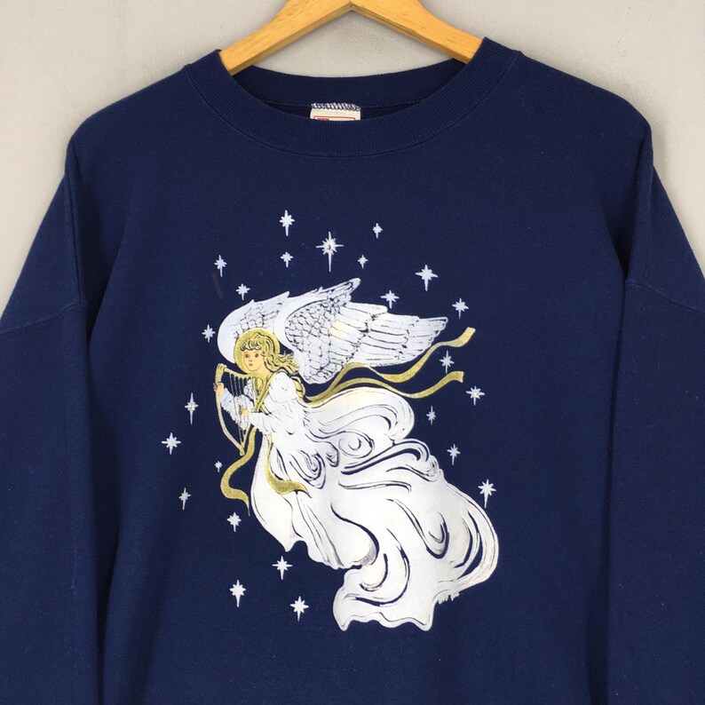 Vintage 90s Angel Harp Blue Sweatshirt XLarge Angel Harp Printed Graphics Crewneck Angel Jumper Christmas Sweater Size XL image 2
