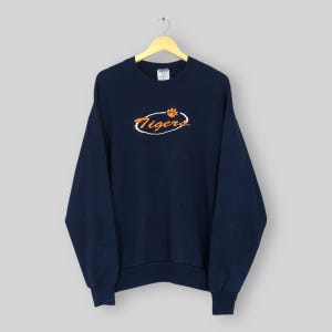 Sudadera vintage de los Clemson Tigers de la NCAA, talla XL, con el logotipo bordado de los Clemson Tigers, cuello redondo azul de la Universidad de Clemson, talla XL