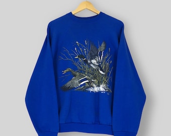 vintage des années 90 canards colverts faune bleu sweat grands canards colverts Nature imprimé pull esthétique preppy habitat rétro ras du cou taille L