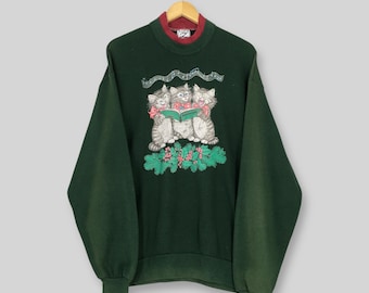 Vintage Cat Kitten Lover Green Sweatshirt Large Cute Kitten Read Book Flower Printed Graphics Crewneck Cat Lover Jumper Kitten Cat Sweater L