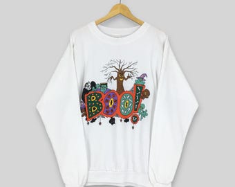 Sudadera vintage de los 90 con texto "Happy Halloween" (XL), diseño de Boo, con hechizos aterradores y arte fantasma de Halloween, cuello redondo, talla XL