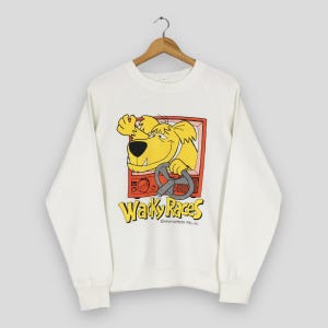 Vintage 90s Nascar Wacky Races White Sweatshirt Medium Muttley Cartoon Laughs Printed Crewneck Hanna Barbera Muttley Dog Sweater Size M