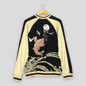 Vintage Fish Koi Sukajan Japan Zipper Sweater Large Fish Koi Japanese Embroidered Souvenir Jumper Japanese Culture Tattoo Pullover Size L
