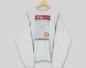 Sudadera gris vintage de los años 90 con el Departamento de Bomberos, talla XL. Diez razones para ser bombero. Jersey de cuello redondo para bomberos, talla XL.