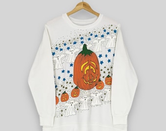 Sudadera vintage de los 90 con estampado de calabaza para Halloween, talla M. Suéter de Halloween con estampado de fantasma y calabaza. Jersey de Halloween con estampado de calabaza. Sudadera de cuello redondo para las fiestas de Halloween. Talla M.