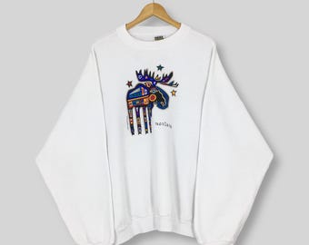 Felpa vintage anni '90 Montana Moose Wildlife XXLarge Carol Hagan Montana Moose Deer Art Graphic Sweater Deer Animal Habitat Crewneck 2XL