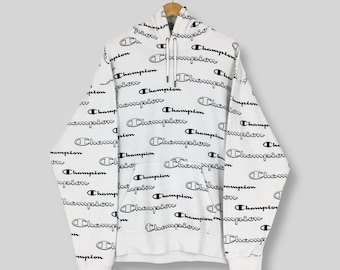 Vintage Champion All Over Bedrucktes Hoodie Sweatshirt XXL Champion Spell Out Logo Pullover Champion Sportswear Weißer Hoodie Größe XXL