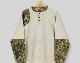 Vintage Real Tree Advantage Wetlands Camo Button Sweatshirt XLarge Outdoor Ace Mossy Oak Real Tree Jumper Camo Real Tree Military Sweater XL