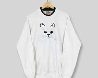 Vintage Top Stitch Cute Kitten Sweatshirt Large Cat Kitten Face Graphics Print Kitsch Sweater Cat Lover Jumper Cat Kitten Cute Crewneck L
