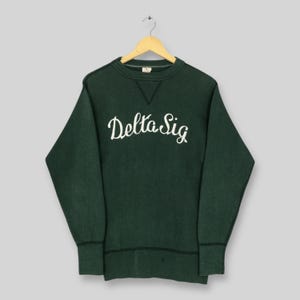 May include: A dark green sweatshirt with the white text "Delta Sig" across the chest. The sweatshirt has a crew neck, long sleeves, and ribbed cuffs and hem. The garment is hanging on a wooden hanger.